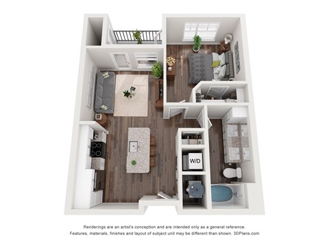 Floor plan for 1 bed, 1 bath, 661 sqft